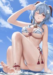 Rule 34 | 1girl, ahoge, alternate costume, bare arms, bare shoulders, barefoot, bikini, blue hair, blue sky, blush, breasts, cleavage, commentary request, crossed bangs, feet, ganyu (genshin impact), genshin impact, goat horns, hair between eyes, hair ornament, highres, horns, large breasts, long hair, looking at viewer, orange eyes, outdoors, parted lips, partially visible vulva, sitting, sky, smile, solo, swimsuit, thighs, toes, underboob, white bikini, yamikyon