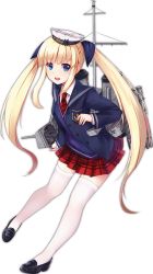 Rule 34 | 1girl, allenes, ardent (azur lane), asymmetrical hair, azur lane, black footwear, blonde hair, blue eyes, clothes writing, eyebrows, full body, hat, jacket, loafers, long hair, machinery, miniskirt, necktie, official art, plaid, plaid skirt, pleated skirt, red necktie, red skirt, sailor hat, shoes, skirt, solo, thighhighs, torpedo, transparent background, turret, twintails, white hat, white thighhighs, zettai ryouiki