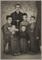 Rule 34 | 3boys, 3girls, absurdres, baby, black hair, blush stickers, buzz cut, facial hair, family, floral print, golden kamuy, greyscale, hakama, highres, japanese clothes, kimono, looking at viewer, monochrome, multiple boys, multiple girls, mustache, reman kamuy, sandals, short hair, sitting, socks, standing, usami tok, usami tokishige, very short hair, white socks, zouri