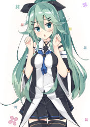 Rule 34 | 10s, 1girl, aqua eyes, aqua hair, bare shoulders, beritabo, black dress, black skirt, black thighhighs, breast press, breasts, chestnut mouth, cowboy shot, detached sleeves, dress, forearms at chest, hair between eyes, hair ornament, hairclip, kantai collection, long hair, medium breasts, open mouth, parted bangs, paw pose, pleated skirt, skirt, skirt set, solo, thighhighs, very long hair, wide sleeves, yamakaze (kancolle)