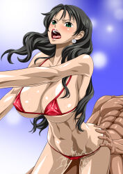 Rule 34 | 1boy, 1girl, abs, alvida (one piece), ass, bikini, black hair, breasts, censored, covered erect nipples, dark-skinned male, dark skin, green eyes, highres, implied vaginal, jewelry, large breasts, long hair, mature female, muscular, muscular male, necklace, nel-zel formula, nipples, one piece, open mouth, panties, penis, pussy, red bikini, sex, source request, swimsuit, underwear, vaginal