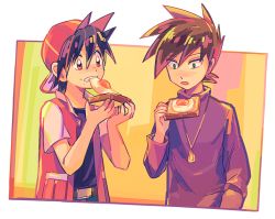 Rule 34 | 2boys, backwards hat, baseball cap, black hair, black shirt, blue oak, bread slice, brown hair, clenched teeth, commentary request, creatures (company), egg (food), food, fried egg, game freak, green eyes, hand up, hat, holding, holding food, itome (funori1), jacket, jewelry, long sleeves, male focus, mouth hold, multiple boys, necklace, nintendo, open clothes, open jacket, pokemon, pokemon adventures, purple shirt, red (pokemon), red headwear, red jacket, shirt, short hair, spiked hair, teeth, toast