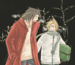 Rule 34 | 00s, 2000s, 2boys, beige sweater, black hair, blonde hair, blue eyes, christmas, christmas lights, christmas present, cloud strife, coat, closed eyes, final fantasy, final fantasy vii, gift, laughing, long hair, lowres, multiple boys, night, red coat, rendezvous, scarf, spiked hair, square enix, walking, white coat, winter clothes, zack fair