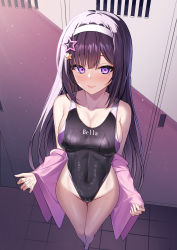Rule 34 | 1girl, a-soul, absurdres, bella (a-soul), black hair, black one-piece swimsuit, breasts, commission, competition swimsuit, covered navel, from above, hair ornament, hairband, highleg, highleg swimsuit, highres, inui kentarou, locker, long hair, looking at viewer, medium breasts, one-piece swimsuit, purple eyes, skeb commission, solo, standing, star (symbol), star hair ornament, swimsuit, towel, virtual youtuber, white hairband