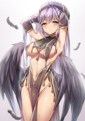 Rule 34 | 1girl, armpits, arms up, blush, breast curtains, breasts, closed mouth, convenient censoring, cowboy shot, detached sleeves, feathered wings, feathers, hat, highres, long sleeves, looking at viewer, medium breasts, navel, original, purple hair, simple background, solo, standing, thighs, umou (may65879), wings, yellow eyes