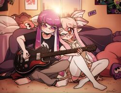 Rule 34 | 2girls, barefoot, bed, black-framed eyewear, blush, brown eyes, closed mouth, crossed legs, earrings, glasses, hair ornament, hairclip, highres, holding, holding instrument, holding plectrum, indoors, inkling, inkling girl, inkling player character, instrument, jewelry, littlecloudie, long hair, looking at another, multiple girls, music, nintendo, one eye closed, open mouth, pillow, pink hair, playing instrument, plectrum, pointy ears, purple eyes, purple hair, sitting, smile, splatoon (series), sunset, tentacle hair, thighhighs, white thighhighs, window, yuri