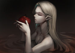 Rule 34 | 1girl, apple, asutora, bad id, bad twitter id, blonde hair, breasts, completely nude, food, forehead, fruit, holding, holding food, holding fruit, kiss-shot acerola-orion heart-under-blade, lips, long hair, monogatari (series), nail polish, nude, oshino shinobu, partially submerged, pointy ears, red eyes, red nails, solo