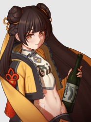 Rule 34 | 1girl, absurdres, bandaid, bandaid on face, black survival, bottle, breasts, brown hair, crop top, double bun, fellming, glass bottle, hair bun, highres, jacket, li dailin, long hair, looking at viewer, nail polish, open clothes, open jacket, simple background, small breasts, soju, solo, upper body, very long hair, white background, yellow eyes, yellow jacket, yellow nails