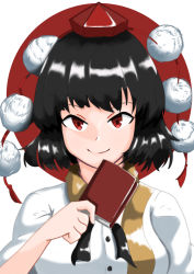 Rule 34 | 1girl, black hair, black ribbon, buttons, chilwell seele, collared shirt, face, happy, hat, highres, holding, leaf print, notebook, pom pom (clothes), red eyes, red hat, ribbon, shameimaru aya, shirt, short hair, smile, tokin hat, touhou, white shirt