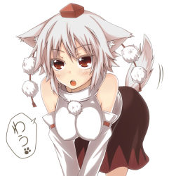 Rule 34 | 1girl, animal ears, barefoot, bent over, breasts, detached sleeves, covered erect nipples, female focus, hanging breasts, hat, inubashiri momiji, large breasts, leaning forward, lock heart (juuryokudou), no bra, open mouth, red eyes, short hair, silver hair, solo, tail, tail wagging, tokin hat, touhou, wolf ears, wolf tail