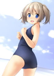 Rule 34 | 1girl, :d, ass, bare arms, bare shoulders, blue eyes, blue one-piece swimsuit, blue sky, blush, brown hair, cloud, commentary request, day, hair between eyes, highres, looking at viewer, looking back, old school swimsuit, one-piece swimsuit, open mouth, original, outdoors, school swimsuit, shibacha, sky, smile, solo, standing, swimsuit, twintails