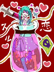 Rule 34 | 1girl, alternate costume, antennae, aqua hair, boots, bow, bubble, cable, eyeball, closed eyes, own hands clasped, hatsune miku, heart, horns, jar, koisuru mutant (vocaloid), koisuru myuutanto (vocaloid), liquid, mam233, open mouth, own hands together, pink eyes, plant, rubber boots, saliva, sharp teeth, skirt, skull, solo, syringe, tag, tears, teeth, twintails, venus flytrap, vocaloid, vore, wire