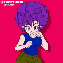 Rule 34 | 1girl, afro, animated, animated gif, arm up, armpits, ass, ass shake, bare arms, bare shoulders, blue eyes, bouncing breasts, breasts, dragon ball, green pants, large areolae, large breasts, lipstick, makeup, mole, mole under eye, navel, nipples, nude, one eye closed, pants, pink background, purple hair, pussy, ranfan, shirt, short hair, sleeveless, sleeveless shirt, smile, solo, standing, twistedgrim, uncensored, underwear, undressing, wavy hair, wink