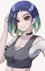 Rule 34 | 1girl, absurdres, asatte 3z, bare shoulders, belt, blue hair, breasts, brown eyes, camera, cleavage, cowboy shot, creatures (company), game freak, green hair, grin, half-closed eyes, highres, looking at viewer, medium breasts, midriff, multicolored hair, narrow waist, navel, nintendo, perrin (pokemon), pokemon, pokemon sv, short hair, simple background, smile, two-tone hair, white background