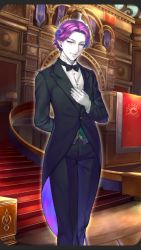 Rule 34 | 1boy, arm behind back, black bow, black bowtie, black pants, blue eyes, bow, bowtie, collared shirt, colored skin, fate/grand order, fate (series), gloves, looking at viewer, male focus, mephistopheles (fate), mephistopheles (formal dress) (fate), official alternate costume, official art, pants, pointy ears, purple hair, shirt, short hair, simosi, smile, solo, stairs, tapestry, tuxedo, white gloves, white skin