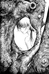 Rule 34 | 1girl, absurdres, chainsaw man, chinese commentary, commentary request, crosshatching, dollllls2, empty eyes, frown, greyscale, hatching (texture), highres, looking at viewer, looking back, low twintails, mitaka asa, monochrome, nude, solo, tree, twintails, twitter username, upper body