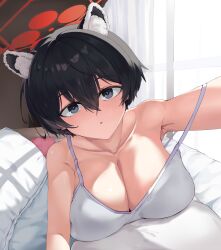 1girl absurdres alternate_costume animal_ears armpits bare_shoulders beetleasd black_eyes black_hair blue_archive breasts camisole cleavage collarbone hair_between_eyes halo highres indoors large_breasts looking_at_viewer on_bed pillow raccoon_ears red_halo short_hair solo tsubaki_(blue_archive) white_camisole window