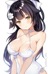 Rule 34 | 1girl, azur lane, black hair, blunt bangs, bow, breasts, brown eyes, cleavage, clothing cutout, collarbone, criss-cross halter, flower, frown, hair bow, hair flaps, hair flower, hair ornament, halterneck, large breasts, looking at viewer, narusegawa riko, navel, navel cutout, one-piece swimsuit, ponytail, simple background, skindentation, solo, swimsuit, takao (azur lane), takao (beach rhapsody) (azur lane), twitter username, upper body, white background, white one-piece swimsuit