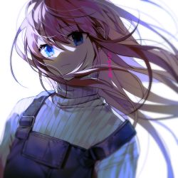 Rule 34 | 1girl, artist name, blue eyes, frown, hair between eyes, hair blowing, long hair, looking at viewer, original, overalls, pink hair, ribbed sweater, shade, solo, sukja, sweater, turtleneck, turtleneck sweater, upper body, white background