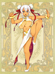 Rule 34 | 1girl, bare legs, breasts, character request, chinese clothes, double bun, fighting stance, full body, large breasts, leg lift, navel, official art, open mouth, pelvic curtain, psychic hearts, ribbon, ryoji (nomura ryouji), short hair, sleeveless, solo, tan, underboob, white hair