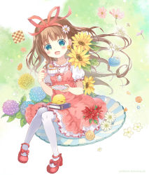 Rule 34 | 1girl, aqua eyes, bird, blush, book, brown hair, chick, cookie, cup, dress, flower, food, hair ribbon, hairband, hydrangea, long hair, mary janes, original, poinsettia, puffy sleeves, ribbon, rose, saucer, shoes, short sleeves, sitting, solo, sunflower, takeda mika, teacup, thighhighs