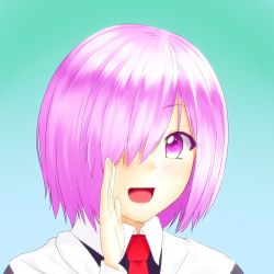 Rule 34 | 1girl, amatlas, black dress, dress, fate/grand order, fate (series), hair over one eye, light purple hair, looking at viewer, mash kyrielight, necktie, open mouth, purple eyes, short hair, solo, upper body
