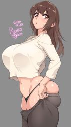 Rule 34 | 2020, :o, agawa ryou, ass, belly, black panties, blush, breasts, brown eyes, brown hair, curvy, dated, grey background, huge ass, huge breasts, long hair, looking at viewer, navel, original, panties, parted lips, shirt, signature, simple background, skindentation, solo, sweatdrop, thick thighs, thighs, underwear, white shirt