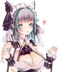 Rule 34 | 1girl, animal ears, aqua eyes, aqua hair, azur lane, bare shoulders, breasts, cat tail, cheshire (azur lane), cleavage, detached sleeves, fake animal ears, frilled hairband, frills, grey hair, hairband, heart, highres, large breasts, looking at viewer, mai (5523), maid headdress, medium hair, multicolored hair, puffy detached sleeves, puffy sleeves, simple background, solo, streaked hair, tail, two-tone hair, upper body, white background, wrist cuffs