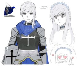 1boy 1girl armor asdf1211950 black_souls blue_cape blue_choker blue_scarf blush brown_eyes cape choker cinderella_(black_souls) crown full_armor grey_eyes half_up_braid hands_up heart heart-shaped_eyes helmet highres holding holding_helmet izu_(black_souls) long_hair mother_and_son multiple_views open_mouth scarf short_hair sidelocks smile speech_bubble thought_bubble white_hair wide-eyed