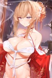 Rule 34 | 1girl, 7gao, azur lane, bare shoulders, blonde hair, blue eyes, breasts, cleavage, dress, flower, glorious (azur lane), glorious (pungent plum) (azur lane), hair flower, hair ornament, hair stick, highres, indoors, kanzashi, large breasts, long hair, neckwear request, official alternate costume, open clothes, open dress, red dress, solo, wakamezake, white flower, wide sleeves