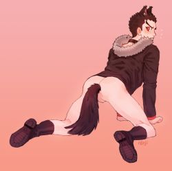 Rule 34 | 1boy, all fours, anal, anal object insertion, anal tail, animal ears, artist name, ass, black collar, black footwear, black hair, black jacket, boots, brown background, butt plug, c0nmeat, collar, danganronpa: trigger happy havoc, danganronpa (series), fake tail, from behind, fur trim, gradient background, ishimaru kiyotaka, jacket, knee boots, long sleeves, looking back, male focus, male penetrated, object insertion, red eyes, sex toy, short hair, solo, spread legs, tail, wolf ears