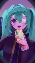 1girl aqua_hair black_jacket black_necktie blue_eyes brown_sweater_vest cellphone collared_shirt eyepatch hair_between_eyes hair_intakes hatsune_miku highres holding holding_phone jacket long_hair long_sleeves looking_at_viewer medical_eyepatch monitoring_(vocaloid) necktie open_clothes open_jacket open_mouth phone pov_peephole shirt smartphone solo sweater_vest teeth twintails upper_body upper_teeth_only user_cmyg5732 very_long_hair vocaloid white_shirt