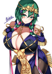 Rule 34 | 1girl, absurdres, arms behind back, blush, braid, breasts, byleth (female) (fire emblem), byleth (fire emblem), cleavage, cosplay, fire emblem, fire emblem: three houses, fire emblem heroes, green eyes, green hair, highres, huge breasts, medium hair, nintendo, official alternate costume, simple background, solo, sothis (fire emblem), sothis (fire emblem) (cosplay), tagme, tiamat (momokuri mannen), white background