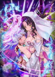Rule 34 | 2girls, armor, bikini armor, bishooji, black hair, blue fire, blush, body markings, breasts, cameltoe, chest tattoo, cleavage, closed mouth, collar, commentary, detached sleeves, dress, earrings, earth (planet), facial mark, fate/grand order, fate (series), feet out of frame, fingernails, fire, forehead mark, forehead tattoo, green flower, hand on another&#039;s crotch, hand on another&#039;s shoulder, highres, horn ornament, horn ring, horns, hug, jewelry, kama (beast iii/l) (fate), kama (fate), large breasts, long hair, long sleeves, looking at another, metal collar, midriff, moon, multiple girls, nail polish, open mouth, panties, parted bangs, pink garter belt, pink legwear, pink nails, pink panties, pink ribbon, planet, purple legwear, purple sleeves, red eyes, ribbon, sessyoin kiara, sidelocks, silver hair, smile, space, standing, sweat, tassel, tattoo, teeth, thighhighs, tongue, tongue out, underwear, veil, very long hair, white dress, white sleeves, wide sleeves, yellow eyes