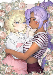 Rule 34 | 2girls, blonde hair, blue eyes, blush, breasts, commentary, commission, crop top, dark-skinned female, dark skin, english commentary, eyepatch, flower, highres, large breasts, long hair, long sleeves, mayuri kaichou, multiple girls, original, parted lips, pink flower, pink rose, pointy ears, puckered lips, purple hair, rose, shirt, short sleeves, skeb commission, striped clothes, striped shirt, upper body, very long hair, yellow eyes, yuri