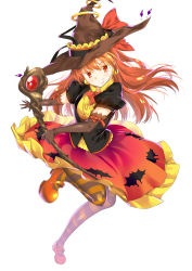Rule 34 | 1girl, animal print, bat print, colored eyelashes, dress, earrings, elbow gloves, frills, full body, gloves, grin, halloween, hat, highres, jewelry, lina inverse, long hair, mary janes, orange dress, orange hair, pantyhose, print dress, red eyes, shoes, slayers, smile, solo, staff, striped clothes, striped pantyhose, veaml, white background, witch hat