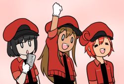 Rule 34 | 10s, 3girls, aa-5100, ae-3803, ahoge, bad id, bad twitter id, black hair, blunt bangs, bob cut, brown hair, cellphone, clenched hand, cropped jacket, gloves, hat, hataraku saibou, jacket, long hair, multiple girls, nt-4201, pale skin, parody, phone, pink background, red blood cell (hataraku saibou), red hair, red jacket, simple background, smartphone, sorrysap, style parody, triangle mouth, triple baka (vocaloid), upper body, vocaloid, white gloves