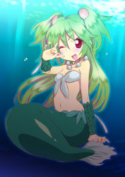 Rule 34 | 1girl, ;d, blush, clam, gem, green hair, hair ornament, jewelry, long hair, m/, madara sai, mermaid, monster girl, muromi-san, namiuchigiwa no muromi-san, navel, necklace, one eye closed, open mouth, pearl (gemstone), red eyes, seashell, shell, smile, solo, star (symbol), twintails, two side up, underwater, v, wink