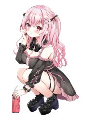 Rule 34 | 1girl, black dress, black footwear, black nails, blush, bow, bowtie, bracelet, breasts, cleavage, copyright request, cross-laced clothes, dress, drinking straw, frilled dress, frills, hair bow, hair ornament, hairpin, hamico, hand on own face, high heels, highres, jewelry, jirai kei, lace bow, long hair, looking at viewer, monster energy, multicolored clothes, multicolored dress, nail polish, pink dress, pink eyes, pink hair, simple background, solo, squatting, two side up, virtual youtuber, wavy hair, white background, x hair ornament