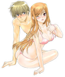 Rule 34 | 1boy, 1girl, ;d, arm support, ass, back, bikini, blonde hair, blue eyes, blush, breasts, cleavage, couple, covered erect nipples, hetero, kinmedai pink, large breasts, long hair, looking back, one eye closed, open mouth, orange hair, pink eyes, smile, swimsuit, thong bikini, untied, wink