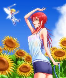 Rule 34 | 1girl, blue skirt, bonnie (rsg), bra, day, fairy, flower, hino kahoko, la corda d&#039;oro, long hair, one eye closed, open mouth, outdoors, pink bra, red hair, see-through, skirt, sky, sunflower, underwear, water, wet, wet clothes, yellow eyes