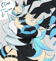 Rule 34 | alternate color, animal ears, black hair, black skin, blonde hair, blue eyes, blue hair, blue skin, breasts, choker, cleavage, colored skin, creatures (company), dress, fur trim, furry, furry female, game freak, gen 4 pokemon, giratina, giratina (origin), highres, huge breasts, legendary pokemon, long hair, looking at viewer, nintendo, pokemon, pokemon (creature), reptile girl, shiny pokemon, side slit, spiked choker, spiked thighlet, spikes, striped, tail, tentacles, thick thighs, thighs, togetoge, very long hair, white hair, wide hips