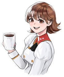 Rule 34 | 1girl, agent aika, aika (series), ascot, azelweien, bad id, bad pixiv id, black ascot, breasts, brown eyes, brown hair, buttons, coffee, coffee mug, cup, delmo, delmogeny uniform, highres, holding, holding cup, jacket, juliet sleeves, long sleeves, medium breasts, mug, pink delmo, puffy sleeves, short hair, smile, suzie (agent aika), uniform, upper body, white delmo, white jacket