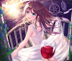 Rule 34 | 1girl, absurdres, alcohol, bad id, bad pixiv id, bare arms, bare shoulders, blue eyes, blue flower, blush, brown hair, commentary, cup, dress, flower, from behind, gongha, highres, holding, holding cup, long hair, ocean, original, sleeveless, sleeveless dress, smile, solo focus, standing, sunrise, sunset, teeth, upper teeth only, white dress, wine