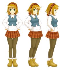 Rule 34 | absurdres, boots, cornet espoir, earrings, green eyes, hairband, hands on own hips, highres, jewelry, marl kingdom, multiple views, necklace, nippon ichi, nrvrl, pantyhose, plaid, plaid skirt, puffy sleeves, red hair, resolution mismatch, rhapsody, short hair, skirt, smile, socks over pantyhose, source smaller, sweater, transparent background, turtleneck, turtleneck sweater, vest