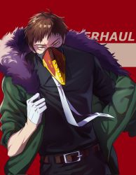 Rule 34 | 1boy, belt, black shirt, boku no hero academia, brown belt, brown hair, character name, feather trim, feathers, gloves, green jacket, highres, jacket, male focus, mask, mira overhaul, mouth mask, necktie, overhaul (boku no hero academia), plague doctor mask, purple feathers, red background, removing jacket, shirt, solo, standing, white gloves, white necktie, yellow eyes
