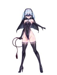 Rule 34 | 1girl, blindfold, blue hair, boots, cat o&#039; nine tails, chain paradox, cocytus (wind master), collar, covered navel, elbow gloves, flat chest, full body, gloves, habit, high heel boots, high heels, highleg, highleg leotard, holding, holding whip, latex, leotard, licking lips, looking at viewer, nun, shiny clothes, solo, standing, thigh boots, tongue, tongue out, twintails, whip, white background