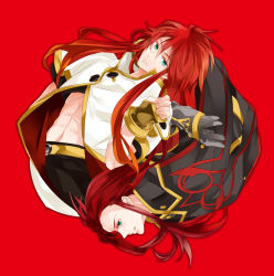 Rule 34 | 00s, 2boys, asch (tales), bad id, bad pixiv id, fingerless gloves, gloves, green eyes, himuka roko, long hair, luke fon fabre, male focus, multiple boys, red background, red hair, roko (artist), surcoat, tales of (series), tales of the abyss