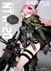 Rule 34 | 1girl, anti-materiel rifle, black gloves, black leotard, breasts, camouflage, camouflage cloak, character name, cloak, commentary, commission, copyright name, denel land systems, english commentary, english text, fishine, girls&#039; frontline, gloves, grey background, gun, headgear, large breasts, leotard, long hair, mod3 (girls&#039; frontline), ntw-20, ntw-20 (girls&#039; frontline), ntw-20 (mod3) (girls&#039; frontline), patreon username, pink eyes, pink hair, rifle, sample watermark, sniper rifle, solo, thigh strap, watermark, weapon