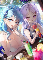 Rule 34 | 2girls, absurdres, ahoge, ako (blue archive), bare shoulders, beach, bikini, blue archive, blue eyes, blush, breasts, crossed arms, demon girl, demon horns, drink, drinking straw, drinking straw in mouth, earrings, food, hair between eyes, hair ornament, hair over shoulder, hairband, hairclip, half-closed eyes, halo, hands on own face, highres, hina (blue archive), hina (swimsuit) (blue archive), holding, horns, jewelry, large breasts, multiple girls, one-piece swimsuit, open mouth, outdoors, pistachiocream, purple eyes, school swimsuit, sleeveless, small breasts, swimsuit, upper body, white bikini